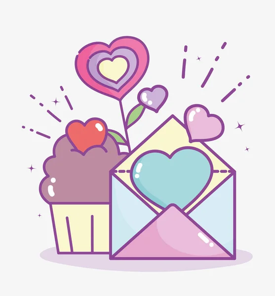 Feliz día de San Valentín, tarjeta de correo y cupcake corazones amor flor — Vector de stock