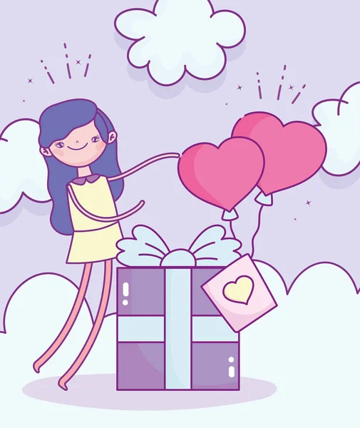 Feliz dia dos namorados, menina com caixa de presente e balões em forma de amor corações — Vetor de Stock