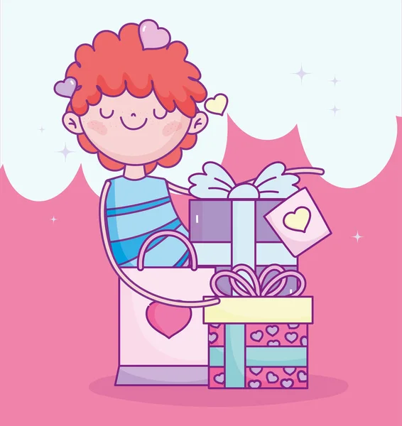 Feliz día de San Valentín, niño con regalos y la bolsa de compras de dibujos animados — Vector de stock