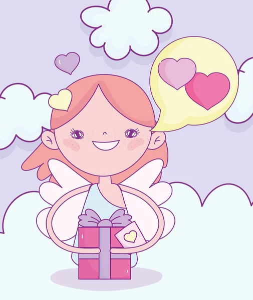 Happy valentines day, cupid with gift box speech bubble love hearts — Stockový vektor