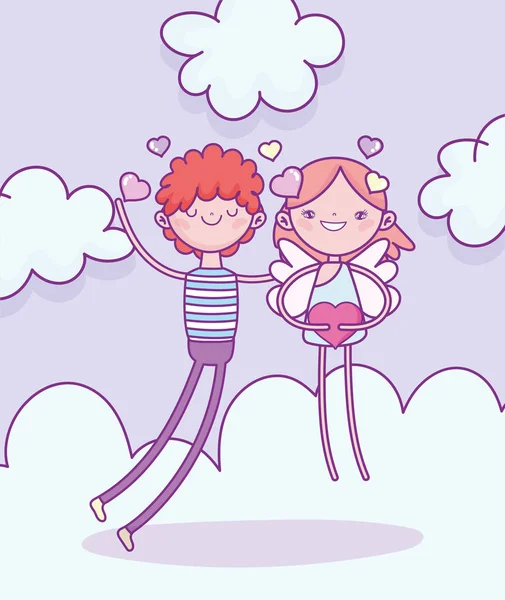 Feliz día de San Valentín, chico con el corazón de Cupido sosteniendo nubes de amor — Vector de stock