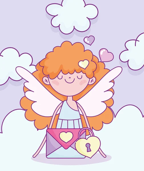 Happy valentines day, cute cupid with envelope message padlock — Wektor stockowy