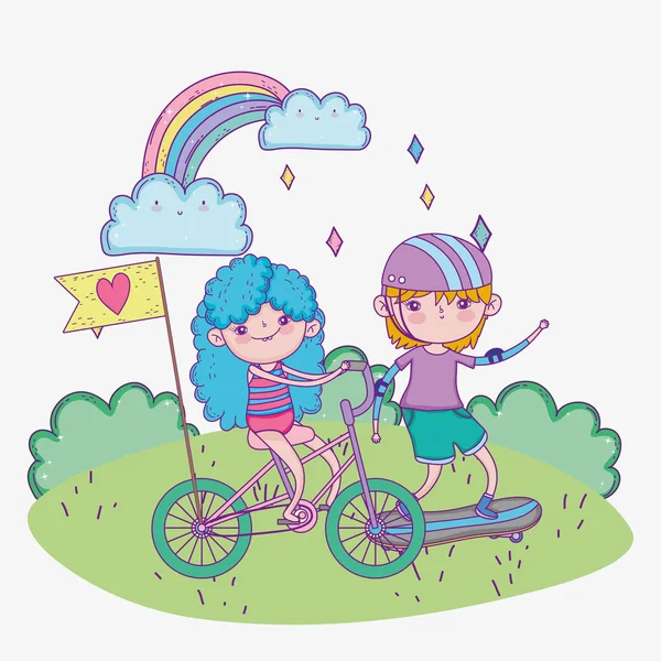 Feliz día de los niños, lindo niño y niña montar en bicicleta y monopatín en el parque — Vector de stock