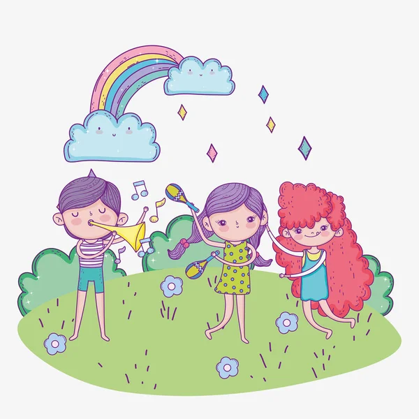 Happy childrens day, cute girls and boy playing music with maracas trumpet park — Διανυσματικό Αρχείο