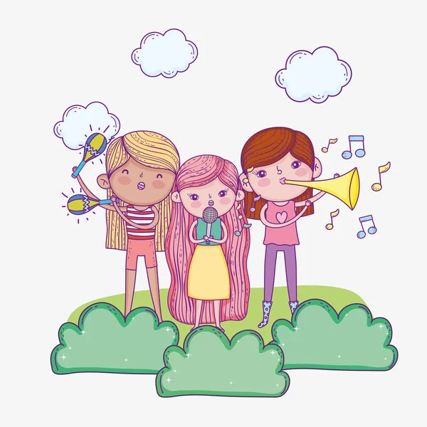 Happy childrens day, band musical kids with microphone and trumpets — Stockvektor