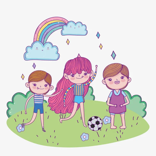 Feliz día de los niños, niña y niños con el parque de pelota de fútbol — Vector de stock