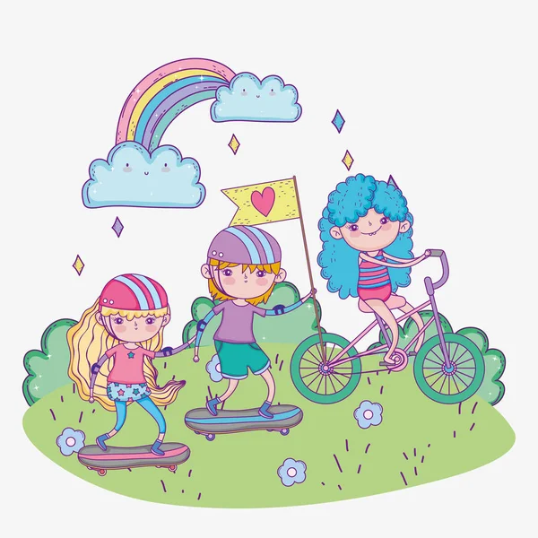 Feliz día de los niños, niños montando en bicicleta y patinetas en el parque — Vector de stock