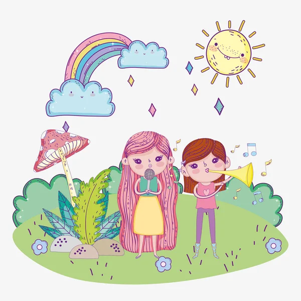 Feliz día de los niños, las niñas cantan con micrófono y trompeta al aire libre — Vector de stock