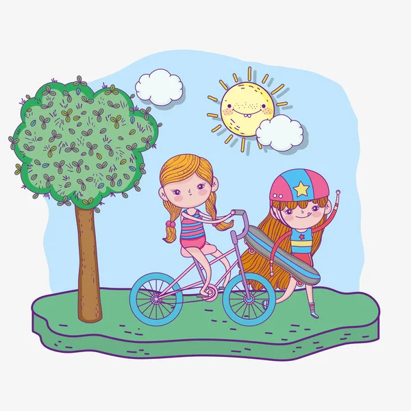 Happy childrens day, cute girl skateboard and bicycle in the park — 图库矢量图片