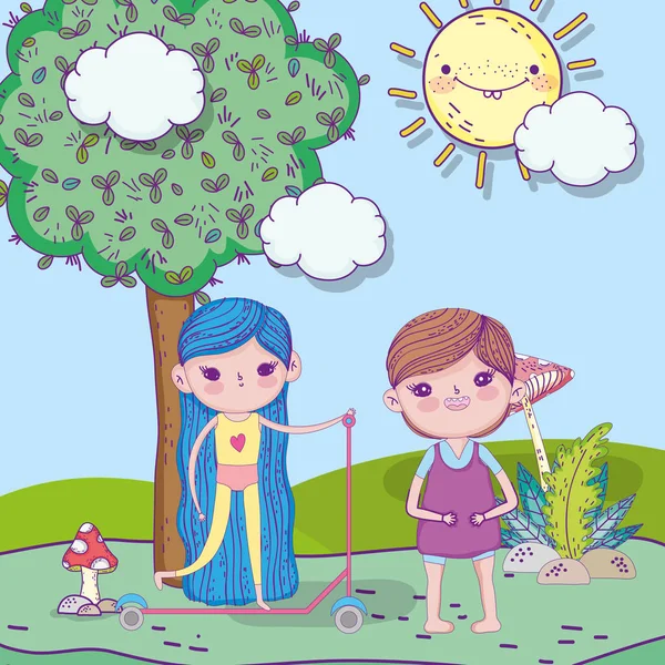 Счастливый детский день, девочка со скутером и мальчик в парке — стоковый вектор