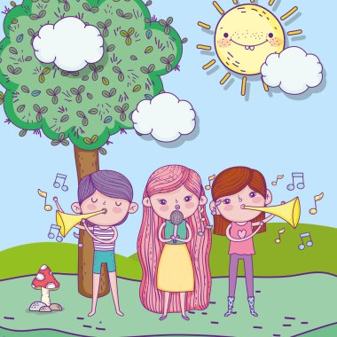 happy childrens day, kids with microphone and trumpet music park