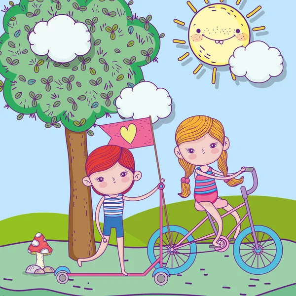 Feliz día de los niños, niño montando scooter y chica con bicicleta al aire libre — Vector de stock