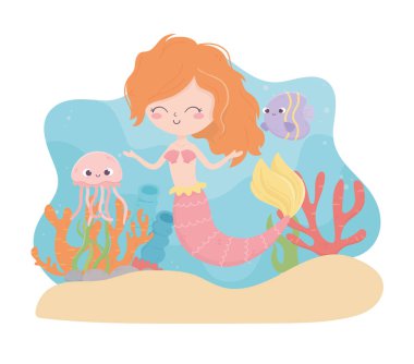 mermaid jellyfish fish coral sand cartoon under the sea
