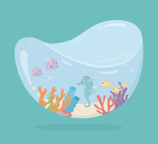 Caballitos de mar peces coral arena agua bajo el mar dibujos animados — Vector de stock