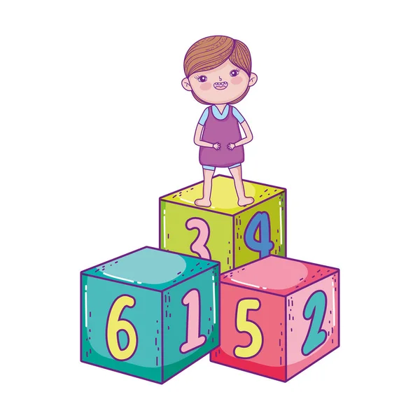 Happy childrens day, little boy standing on cubes cartoon — Stok Vektör
