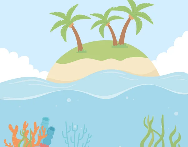 Island beach palms reef coral under the sea cartoon — Διανυσματικό Αρχείο