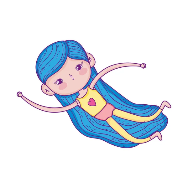 Smiling little girl with long blue hair cartoon character — Stockvektor
