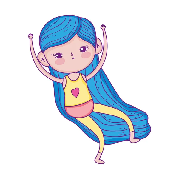 Smiling little girl with long blue hair cartoon character — Stockvector