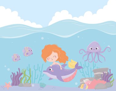 mermaid with dolphin octopus fishes coral cartoon under the sea