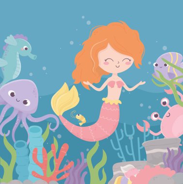 mermaid crab octopus seahorse coral reef algae cartoon under the sea