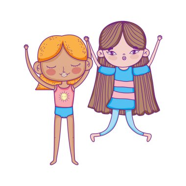 happy childrens day, two little girls together cartoon characters