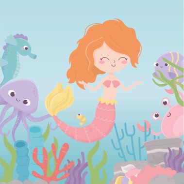 mermaid seahorse octopus crab coral cartoon under the sea