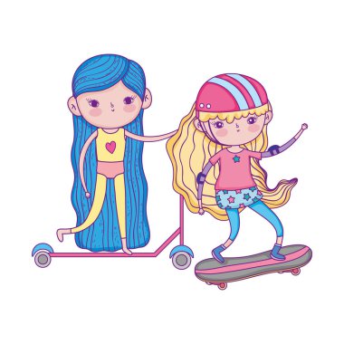 happy childrens day, little girls with scooter bike and skateboard in the park