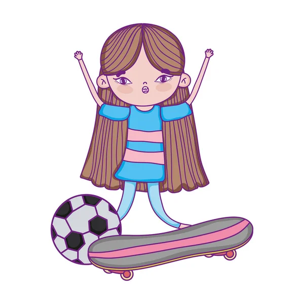 Happy childrens day, little girl with skateboards and ball in park — 스톡 벡터