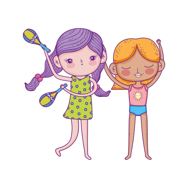 Feliz día de los niños, chicas con personajes de dibujos animados de música — Vector de stock
