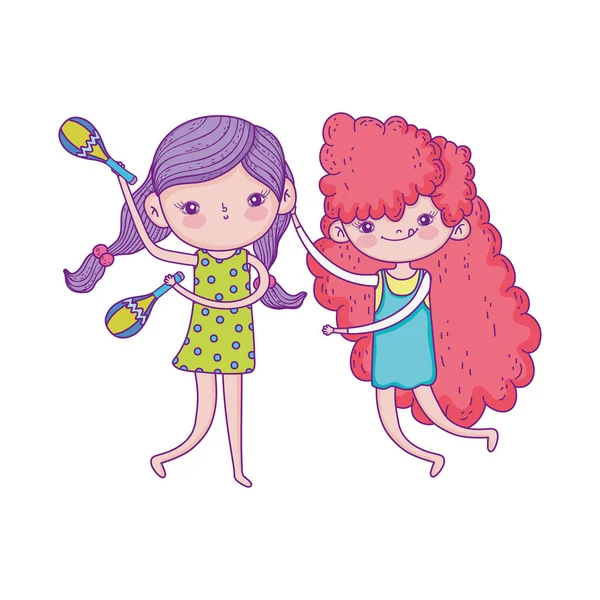 Feliz día de los niños, chicas con personajes de dibujos animados de música — Vector de stock