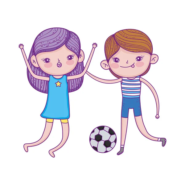 Feliz día de los niños, niño y niña jugando con dibujos animados pelota de fútbol — Vector de stock