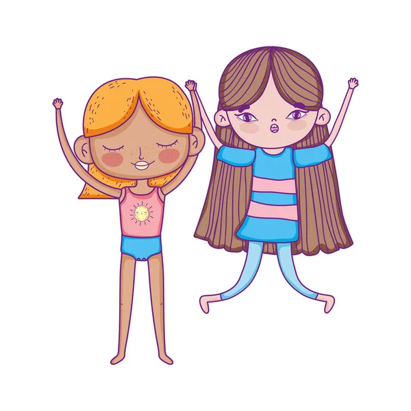 Feliz día de los niños, dos niñas juntos personajes de dibujos animados — Vector de stock