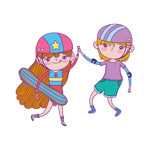 Happy childrens day, boy and girl with skateboard and helmets protection cartoon — Wektor stockowy