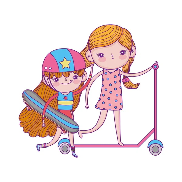 Feliz día de los niños, niñas con scooter y monopatín al aire libre — Vector de stock