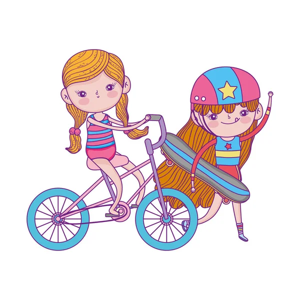 Happy childrens day, cute girl skateboard and bicycle in the park — Stock Vector