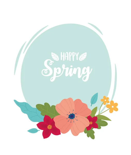 Felice primavera lettering fiori fogliame rotondo banner — Vettoriale Stock