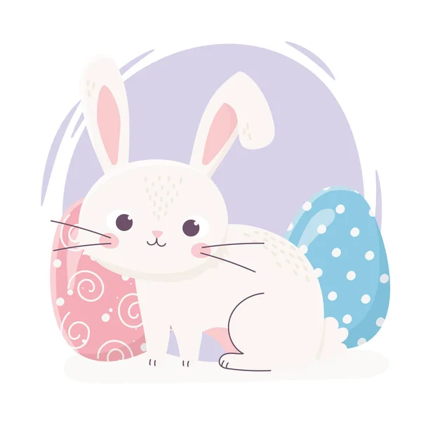 Heureux Pâques lapin mignon avec deux oeufs décoration célébration — Image vectorielle