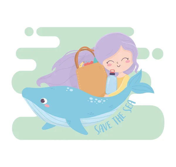 Girl whale and shopping bag save the sea environment ecology — Stockový vektor