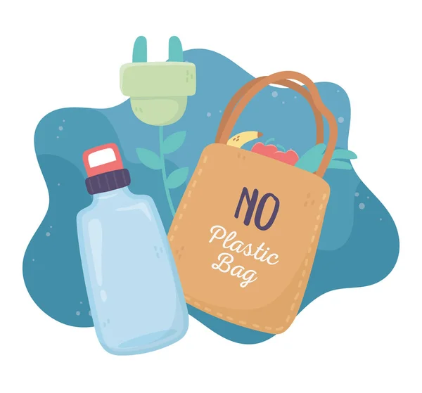 Botella de agua bolsa de compras reciclar enchufe medio ambiente ecología — Archivo Imágenes Vectoriales