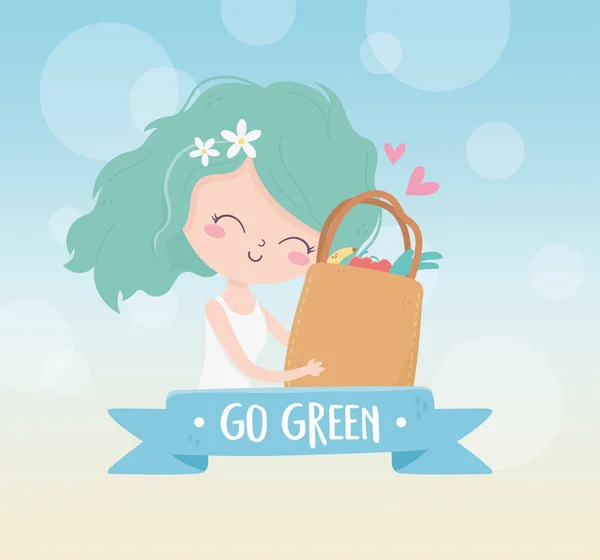 Cute girl with shopping bag market environment ecology — Stockvektor