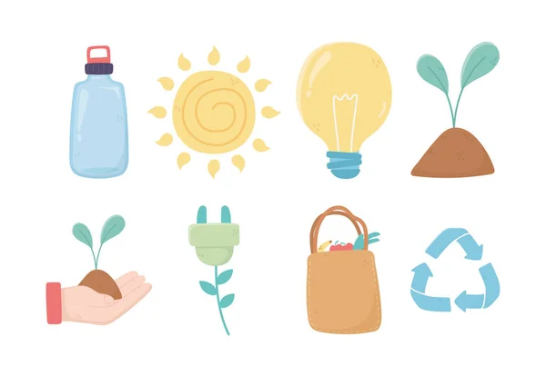 Лампочка рослина сумка для переробки пляшок екологічні значки — стоковий вектор