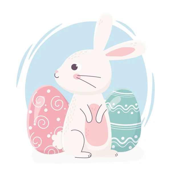 Feliz Pascua lindo conejo mirando lado con huevos decoración celebración — Vector de stock