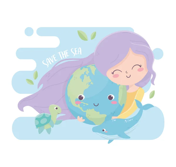 Cute girl with world whale sea environment ecology — Stok Vektör