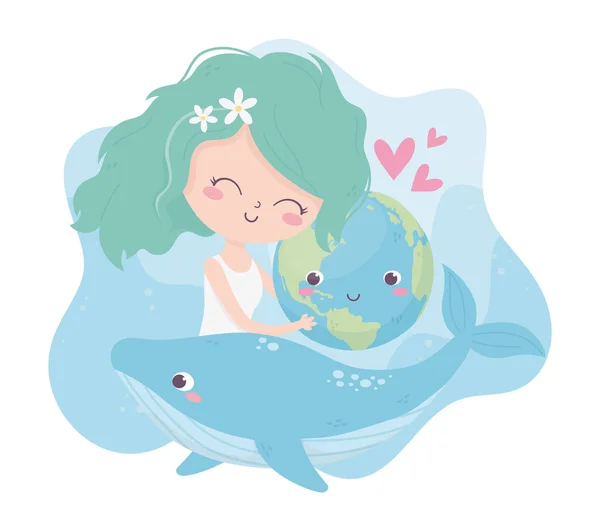 Cute girl hugging world whale love hearts environment ecology — 스톡 벡터