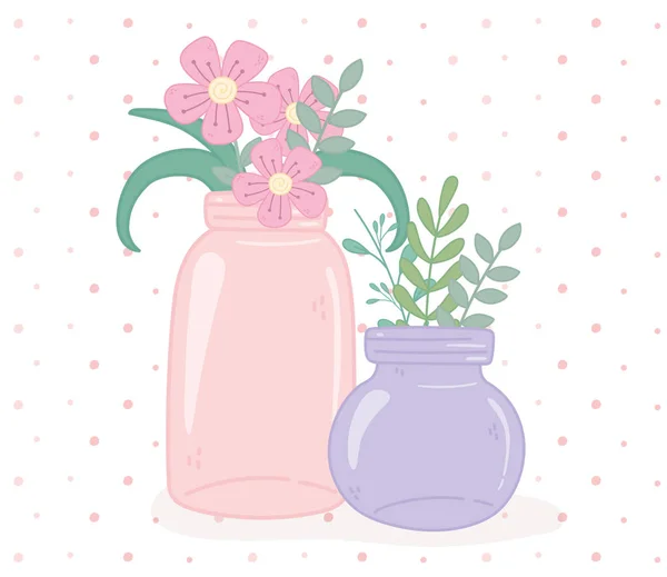 Metselaarsglas met bloemen en bladeren bladdecoratie — Stockvector