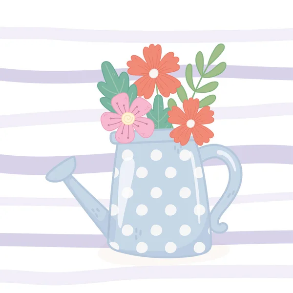 Watering can with flowers foliage decoration stripes background — Stock Vector