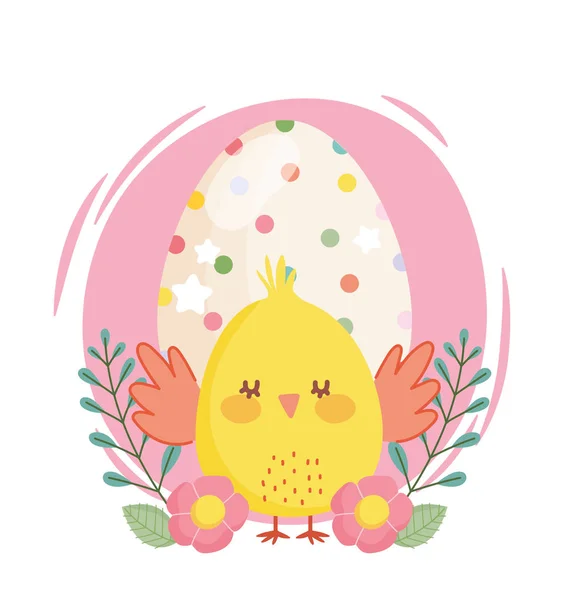 Χαρούμενο πασχαλινό μικρό κοτόπουλο διάστικτο αυγό λουλούδια διακόσμηση κινουμένων σχεδίων — Διανυσματικό Αρχείο