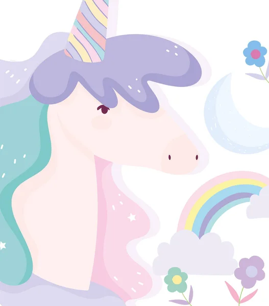 Awan unicorn bunga pelangi fantasi sihir kartun lucu - Stok Vektor