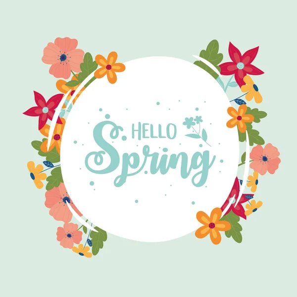 Happy spring round lettering flowers border decoration — Stock Vector