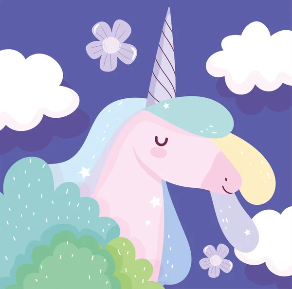 Unicorn bushes clouds fantasy magic cute cartoon — Stock Vector